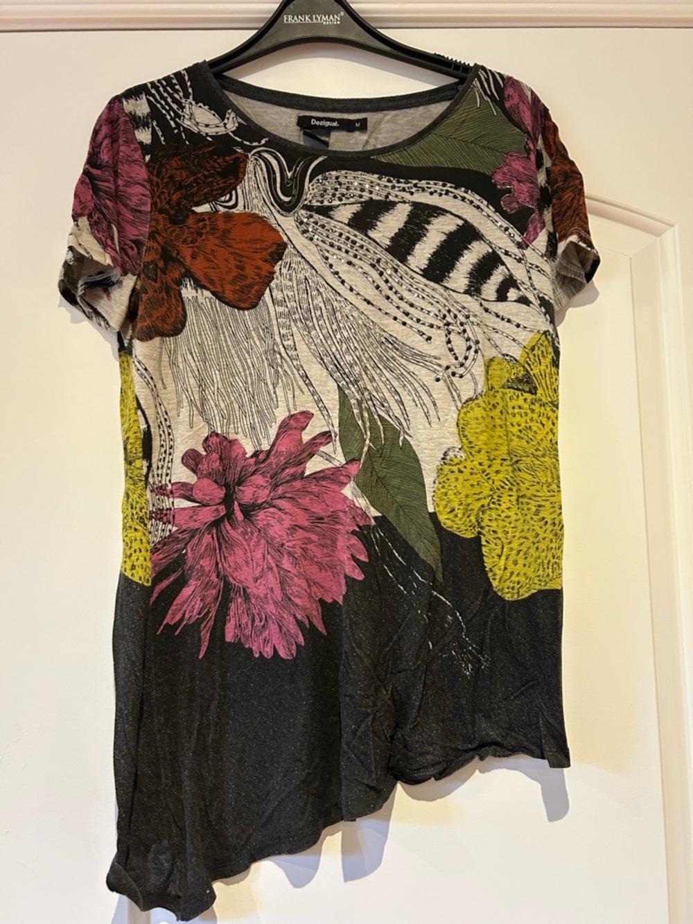 Desigual Black Floral Short Sleeve Tee with Pink, Yellow & Green Accents
